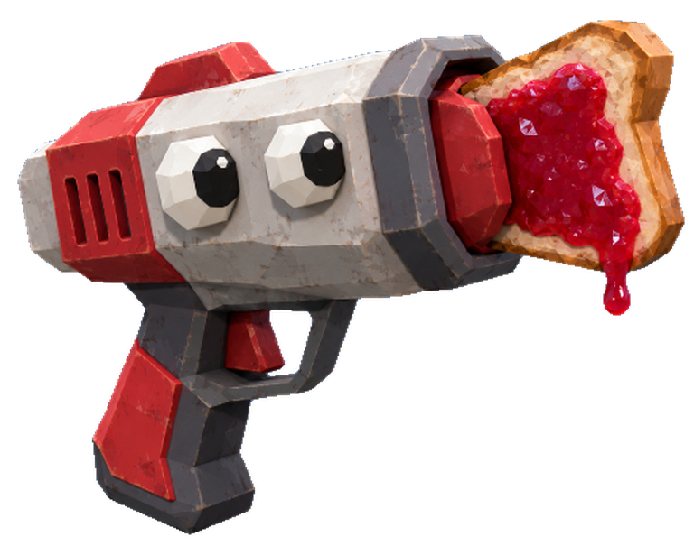 Jam, a low-poly red and white ray gun with googly eyes and a slice of strawberry-jam toast stuck in its barrel