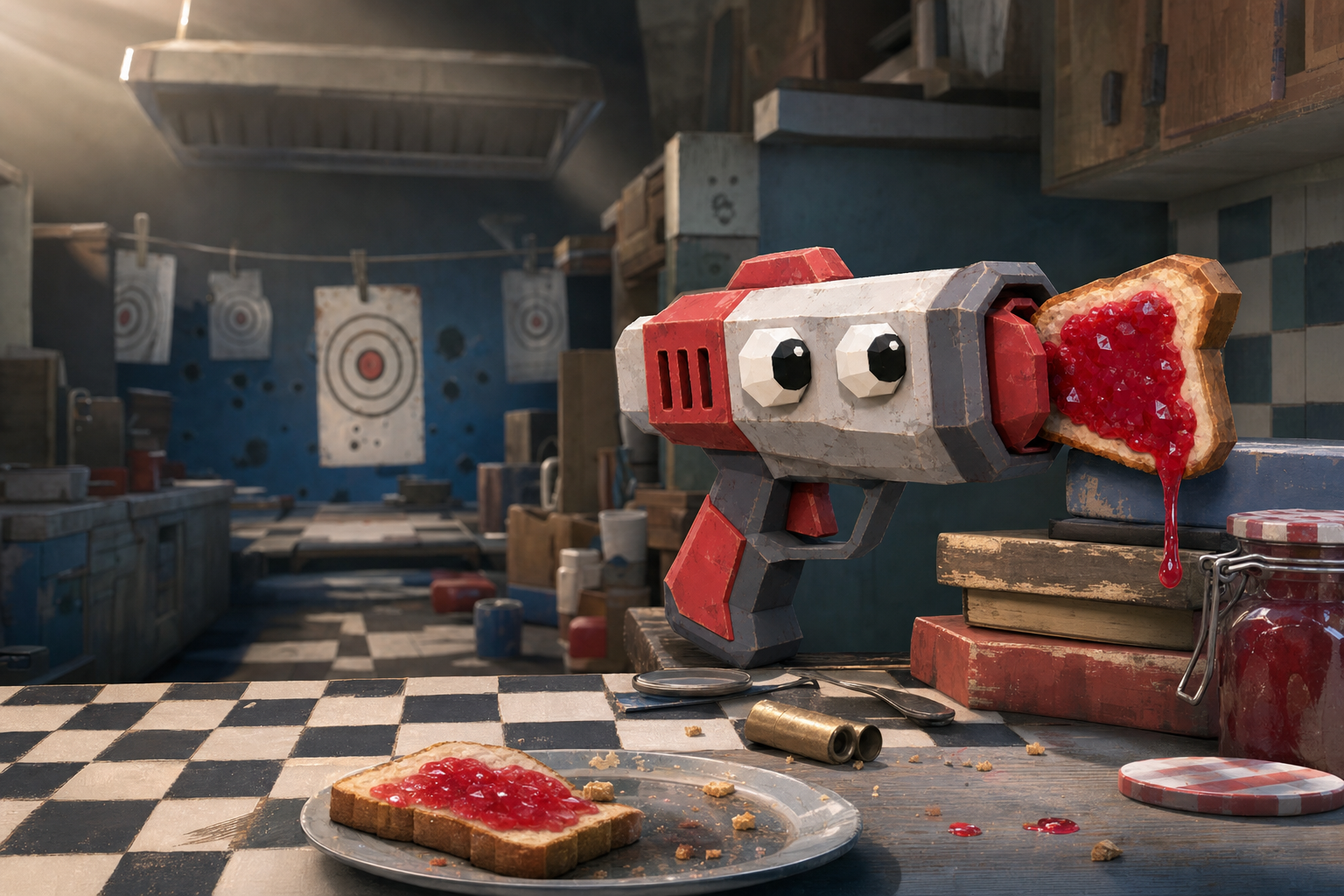 Jam resting on a stack of books at a breakfast shooting range, paper targets hanging behind and a plate of jam toast on the checkered counter