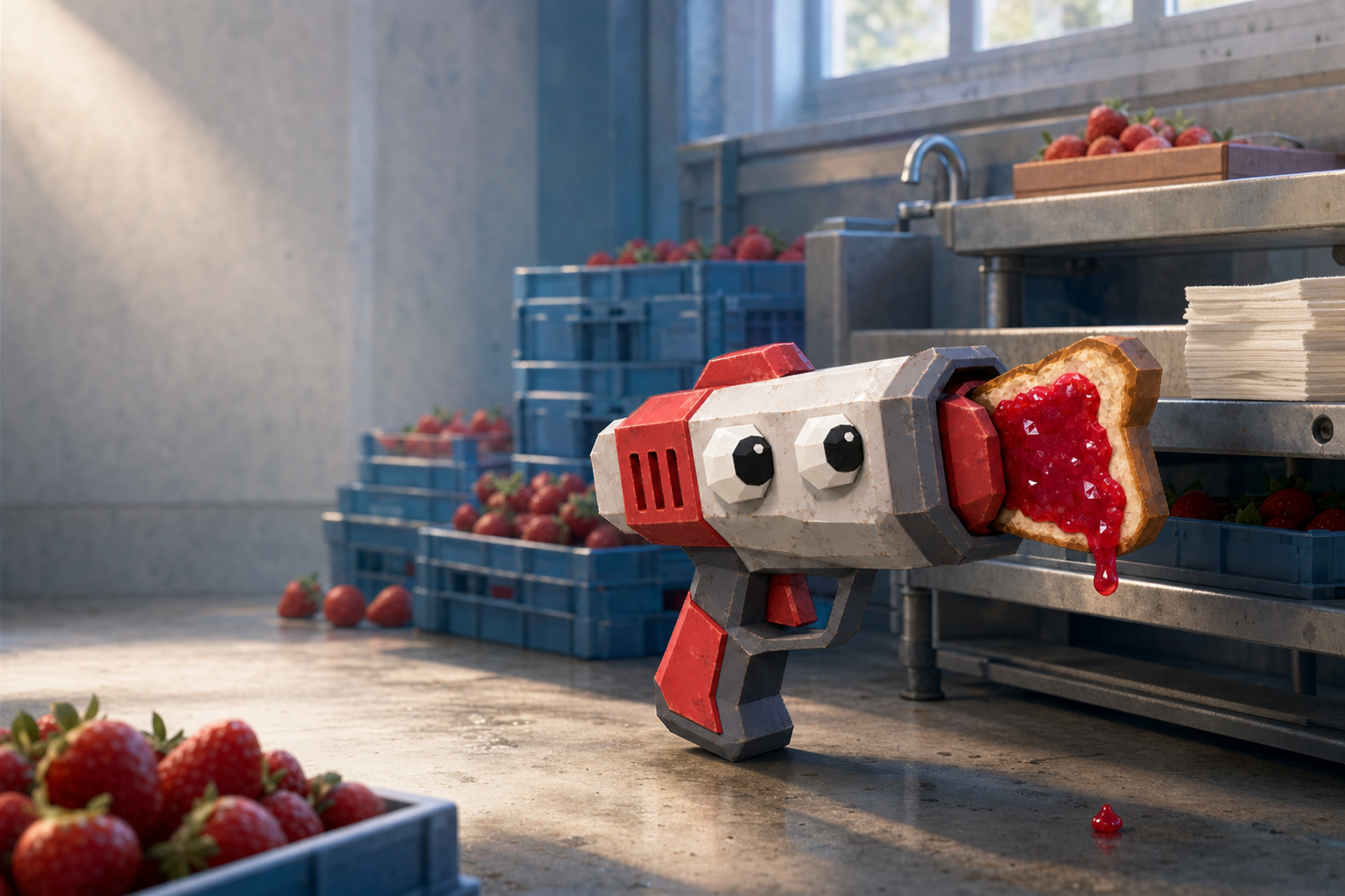 Jam on a concrete floor beside blue crates of strawberries and a stack of napkins, one jam drop on the ground