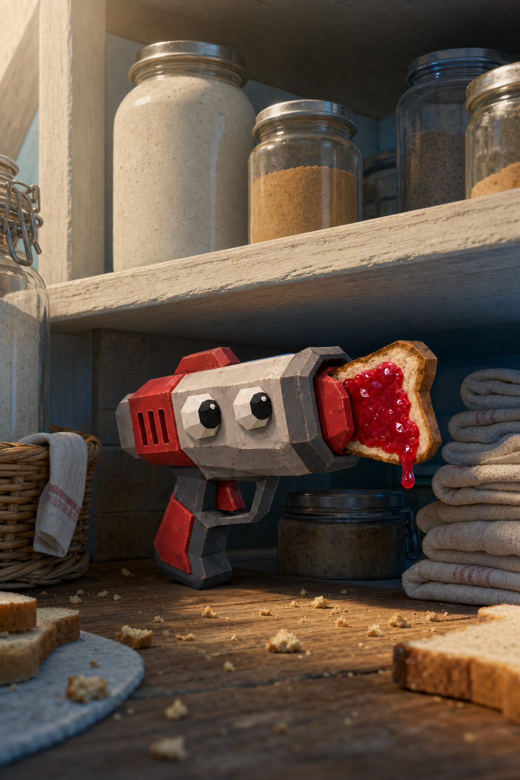 Jam tucked under a pantry shelf of jars beside folded towels and bread